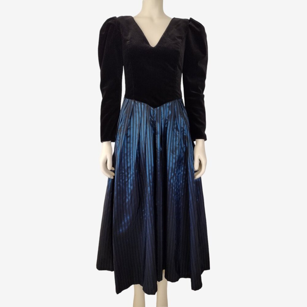 Vintage 1980s Laura Ashley Striped Taffeta Velveteen Fit and Flare Dress